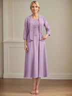 A-line Scoop Tea-Length Lace Chiffon Mother of the Bride Dress by Dreamylily