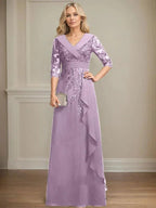 A-line Collared V-Neck Floor-Length Lace Chiffon Mother of the Bride Dress With Sequins Cascading Ruffles by Dreamylily