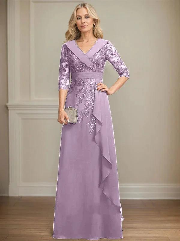 A-line Collared V-Neck Floor-Length Lace Chiffon Mother of the Bride Dress With Sequins Cascading Ruffles by Dreamylily