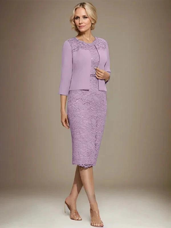 Sheath/Column Scoop Knee-Length Chiffon Lace Mother of the Bride Dress With Beading by Dreamylily
