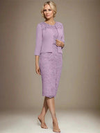 Sheath/Column Scoop Knee-Length Chiffon Lace Mother of the Bride Dress With Beading by Dreamylily