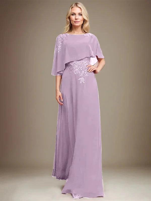 A-line Scoop Floor-Length Chiffon Lace Mother of the Bride Dress With Sequins Beading by Dreamylily