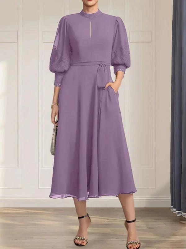 A-line High Neck Tea-Length Lace Chiffon Mother of the Bride Dress With Bow by Dreamylily