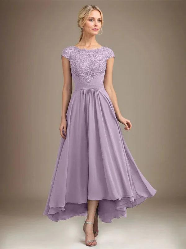 A-line Scoop Illusion Asymmetrical Lace Chiffon Mother of the Bride Dress With Pleated by Dreamylily