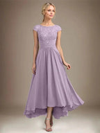 A-line Scoop Illusion Asymmetrical Lace Chiffon Mother of the Bride Dress With Pleated by Dreamylily