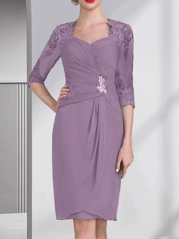 Sheath/Column Sweetheart Knee-Length Chiffon Mother of the Bride Dress With Beading Appliques Lace Sequins Pleated by Dreamylily