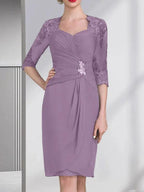 Sheath/Column Sweetheart Knee-Length Chiffon Mother of the Bride Dress With Beading Appliques Lace Sequins Pleated by Dreamylily