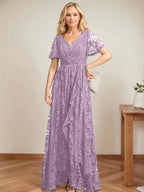 A-Line V-Neck Asymmetrical Lace Mother of the Bride Dress With Cascading Ruffles by Dreamylily