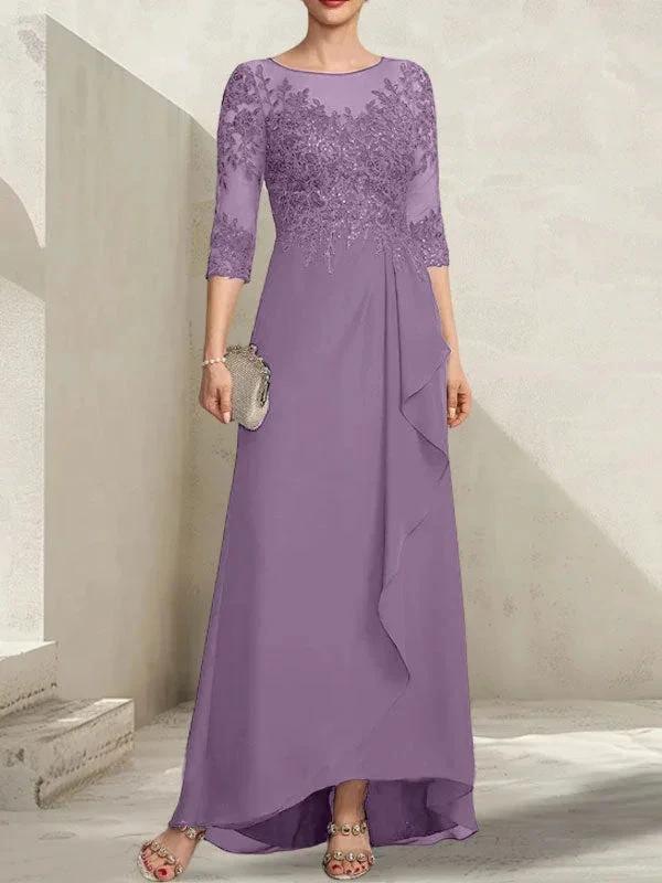 A-line Scoop Illusion Asymmetrical Lace Chiffon Mother of the Bride Dress With Sequins Cascading Ruffles by Dreamylily