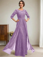 A-Line Scoop Illusion Floor-Length Lace Chiffon Mother Of the Bride Dress With Beading Ruffles by Dreamylily
