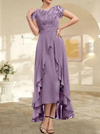 A-line Scoop Illusion Asymmetrical Chiffon Lace Mother of the Bride Dress With Bow Ruffle Sequins by Dreamylily