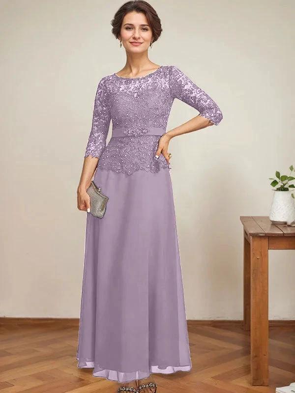 A-line Scoop Illusion Ankle-Length Chiffon Lace Mother of the Bride Dress With Rhinestone Beading by Dreamylily