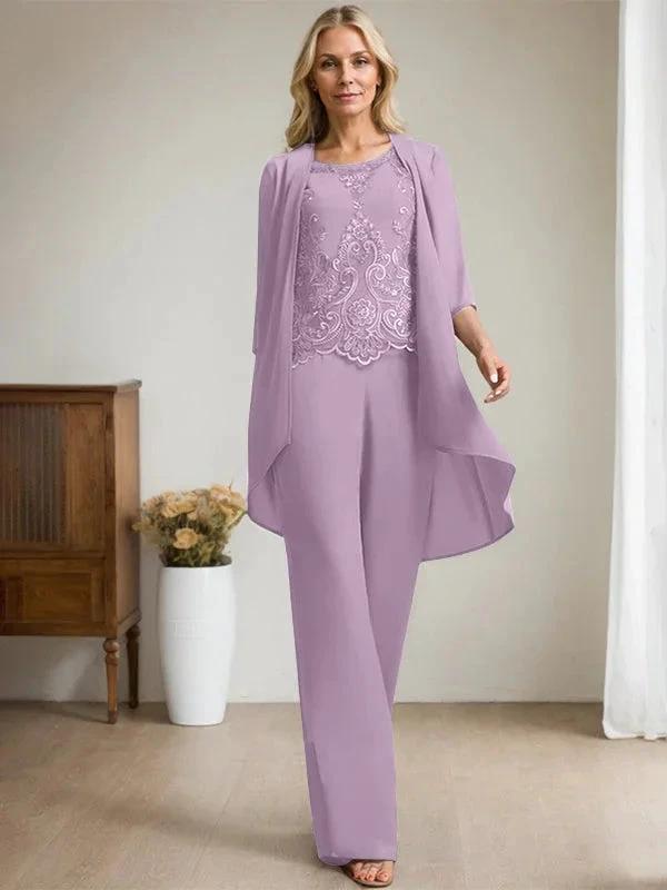 Separates Jumpsuit/Pantsuit Scoop Floor-Length Chiffon Lace Mother of the Bride Dress With Beading Sequins by Dreamylily