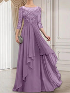 A-line Scoop Illusion Floor-Length Lace Chiffon Mother of the Bride Dress With Cascading Ruffles by Dreamylily
