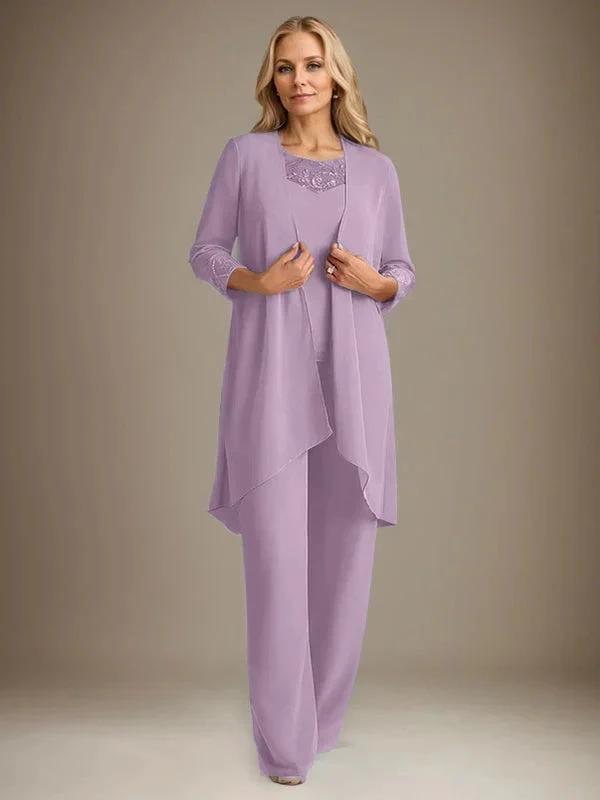 Chiffon Scoop Long Sleeves Mother Of The Bride Pantsuits With Jacket by Dreamylily