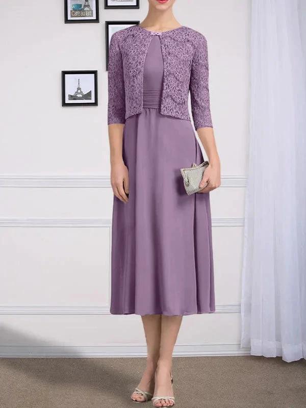A-line Scoop Tea-Length Chiffon Mother of the Bride Dress With Pleated by Dreamylily
