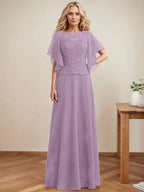 A-line Scoop Illusion Floor-Length Lace Chiffon Mother of the Bride Dress With Sequins by Dreamylily