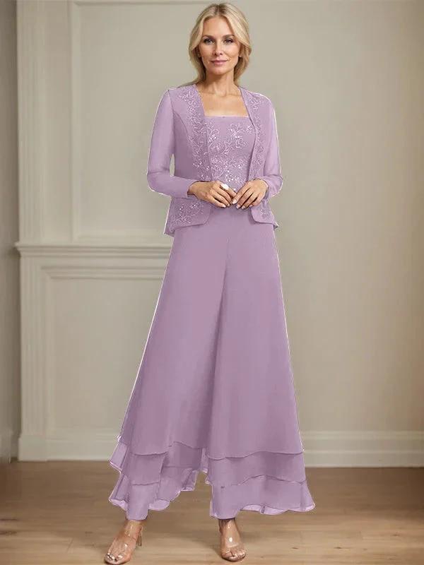 Separates Jumpsuit/Pantsuit Square Ankle-Length Lace Chiffon Mother of the Bride Dress With Sequins by Dreamylily