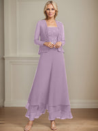 Separates Jumpsuit/Pantsuit Square Ankle-Length Lace Chiffon Mother of the Bride Dress With Sequins