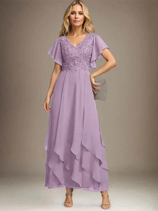A-line V-Neck Ankle-Length Lace Chiffon Mother of the Bride Dress With Cascading Ruffles by Dreamylily