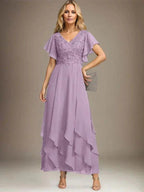 A-line V-Neck Ankle-Length Lace Chiffon Mother of the Bride Dress With Cascading Ruffles by Dreamylily