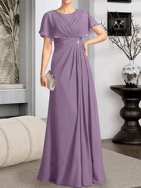 A-line Scoop Floor-Length Chiffon Mother of the Bride Dress With Pleated Beading by Dreamylily
