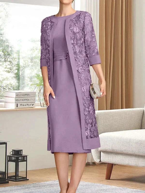 Sheath/Column Scoop Knee-Length Chiffon Mother of the Bride Dress With Pleated Sequins by Dreamylily