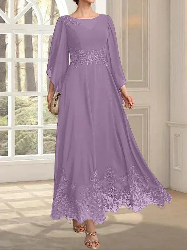 A-line Scoop Illusion Ankle-Length Lace Chiffon Mother of the Bride Dress With Sequins by Dreamylily