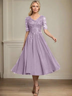 A-line V-Neck Tea-Length Lace Chiffon Mother of the Bride Dress With Sequins by Dreamylily