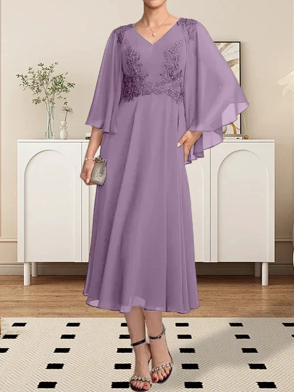 A-line V-Neck Tea-Length Chiffon Lace Mother of the Bride Dress With Beading Sequins by Dreamylily