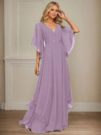 A-line V-Neck Floor-Length Chiffon Mother of the Bride Dress With Sequins Appliques Lace Beading by Dreamylily