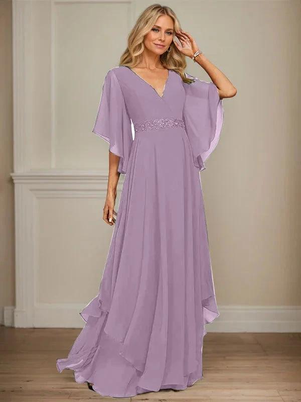 A-line V-Neck Floor-Length Chiffon Mother of the Bride Dress With Sequins Appliques Lace Beading by Dreamylily
