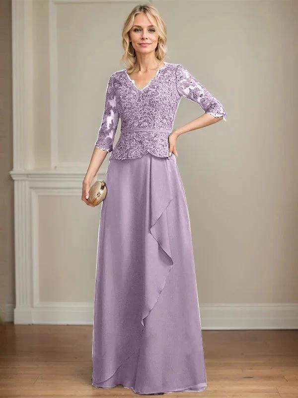A-line V-Neck Floor-Length Lace Chiffon Mother of the Bride Dress With Cascading Ruffles Sequins by Dreamylily
