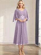 A-line V-Neck Tea-Length Chiffon Mother of the Bride Dress With Pleated Sequins Appliques Lace Beadind by Dreamylily