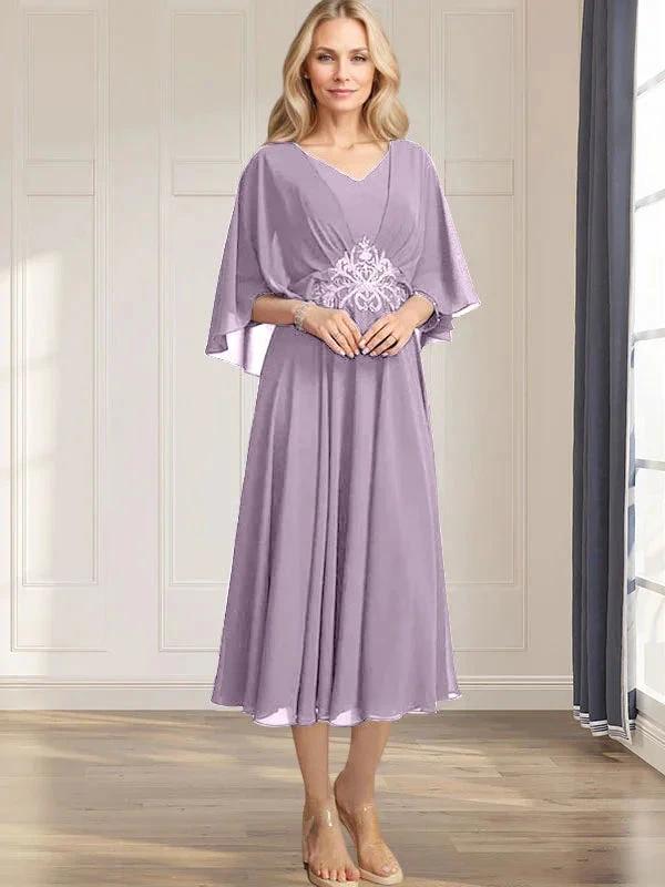 A-line V-Neck Tea-Length Chiffon Mother of the Bride Dress With Pleated Sequins Appliques Lace Beadind by Dreamylily
