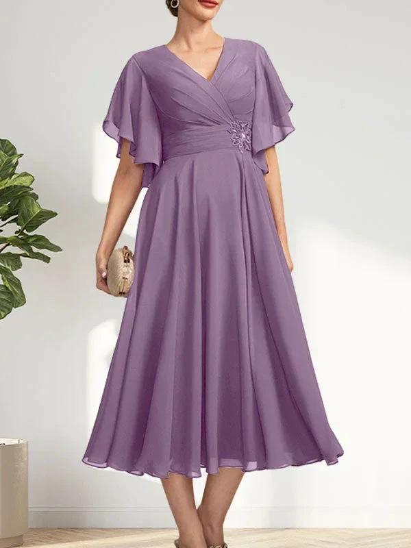 A-line V-Neck Tea-Length Chiffon Mother of the Bride Dress With Pleated Beading by Dreamylily