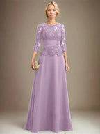 A-line Scoop Illusion Floor-Length Chiffon Lace Mother of the Bride Dress With Pleated Sequins Beading by Dreamylily