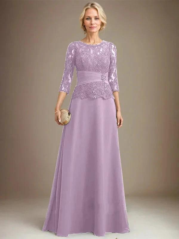 A-line Scoop Illusion Floor-Length Chiffon Lace Mother of the Bride Dress With Pleated Sequins Beading by Dreamylily