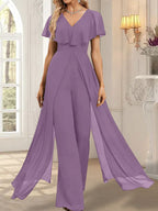 Jumpsuit/Pantsuit V-Neck Floor-Length Chiffon Evening Dress