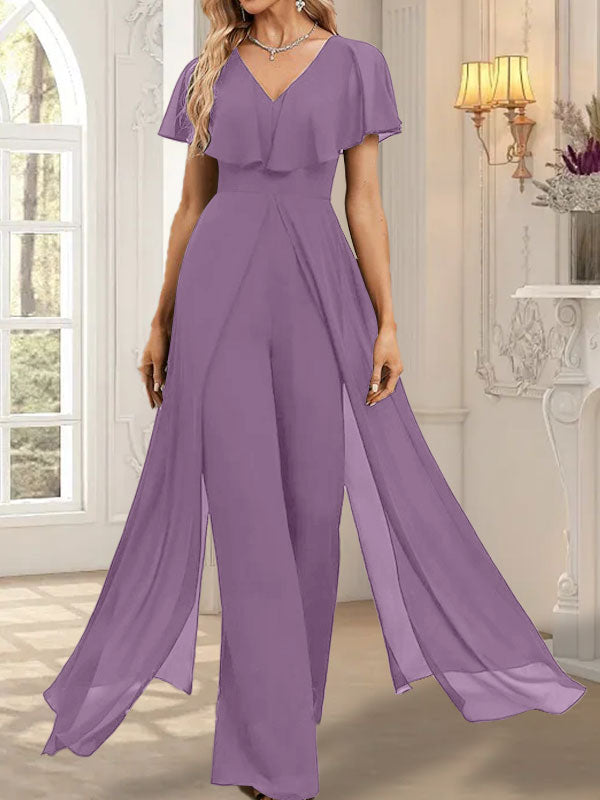 Jumpsuit/Pantsuit V-Neck Floor-Length Chiffon Evening Dress