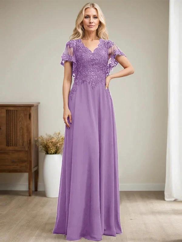 A-line V-Neck Floor-Length Lace Chiffon Mother of the Bride Dress With Sequins by Dreamylily