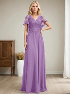 A-line V-Neck Floor-Length Lace Chiffon Mother of the Bride Dress With Sequins by Dreamylily