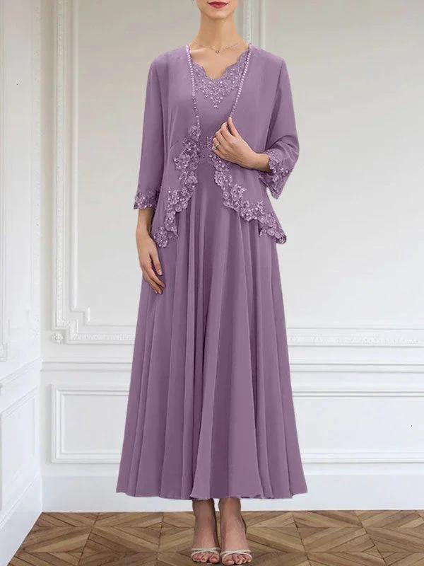 A-line V-Neck Ankle-Length Chiffon Mother of the Bride Dress With Sequins Appliques Lace Beading by Dreamylily