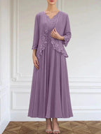 A-line V-Neck Ankle-Length Chiffon Mother of the Bride Dress With Sequins Appliques Lace Beading by Dreamylily