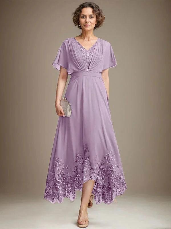 A-line V-Neck Asymmetrical Lace Chiffon Mother of the Bride Dress With Pleated by Dreamylily