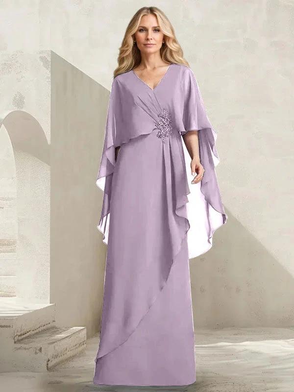 A-line V-Neck Floor-Length Chiffon Mother of the Bride Dress With Cascading Ruffles Beading by Dreamylily