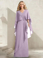 A-line V-Neck Floor-Length Chiffon Mother of the Bride Dress With Cascading Ruffles Beading by Dreamylily