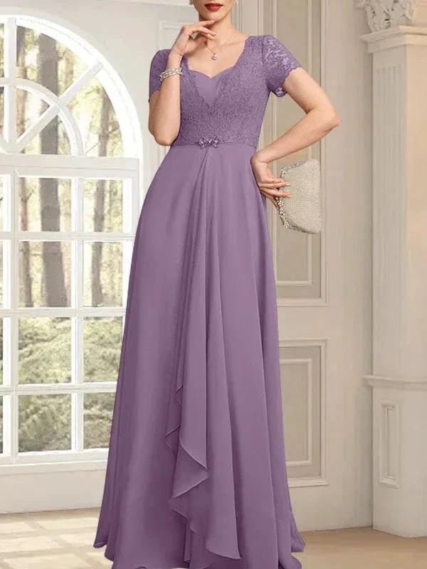 A-line Sweetheart Floor-Length Chiffon Lace Mother of the Bride Dress With Beading Cascading Ruffles by Dreamylily