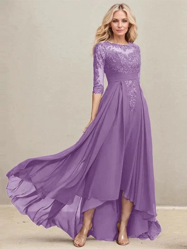 A-line Scoop Illusion Asymmetrical Lace Chiffon Mother of the Bride Dress With Pleated Sequins by Dreamylily