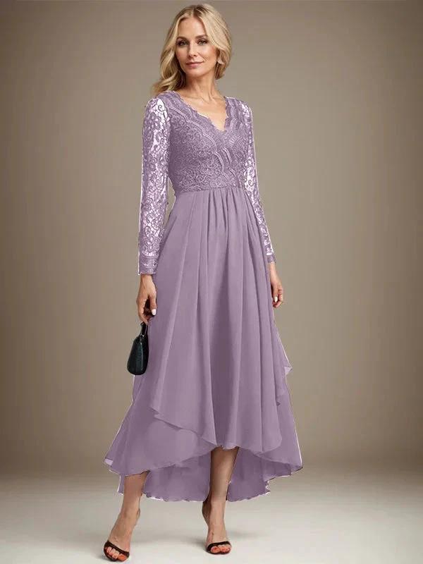 A-line V-Neck Asymmetrical Lace Chiffon Mother of the Bride Dress by Dreamylily